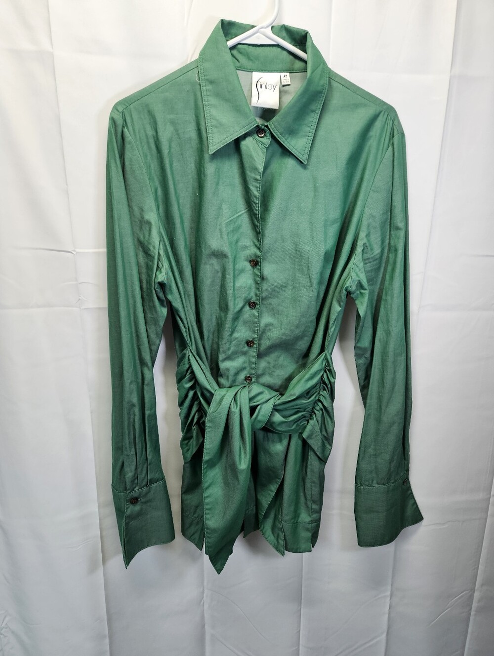 Finley Emerald Green Button-Front Waist Tie Blouse NWOT